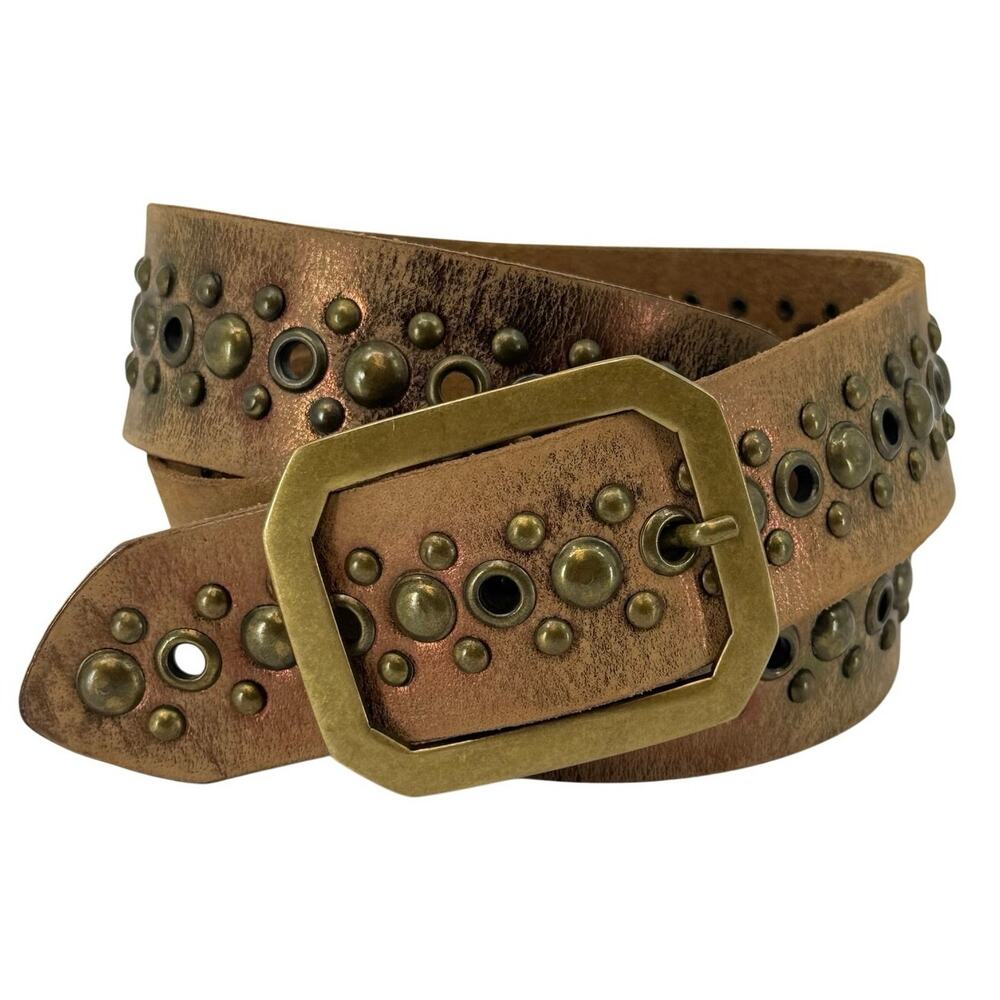 Y2K Leather Belt Med/Lg Bronze Brass Studded Grommet Boho Western Made India